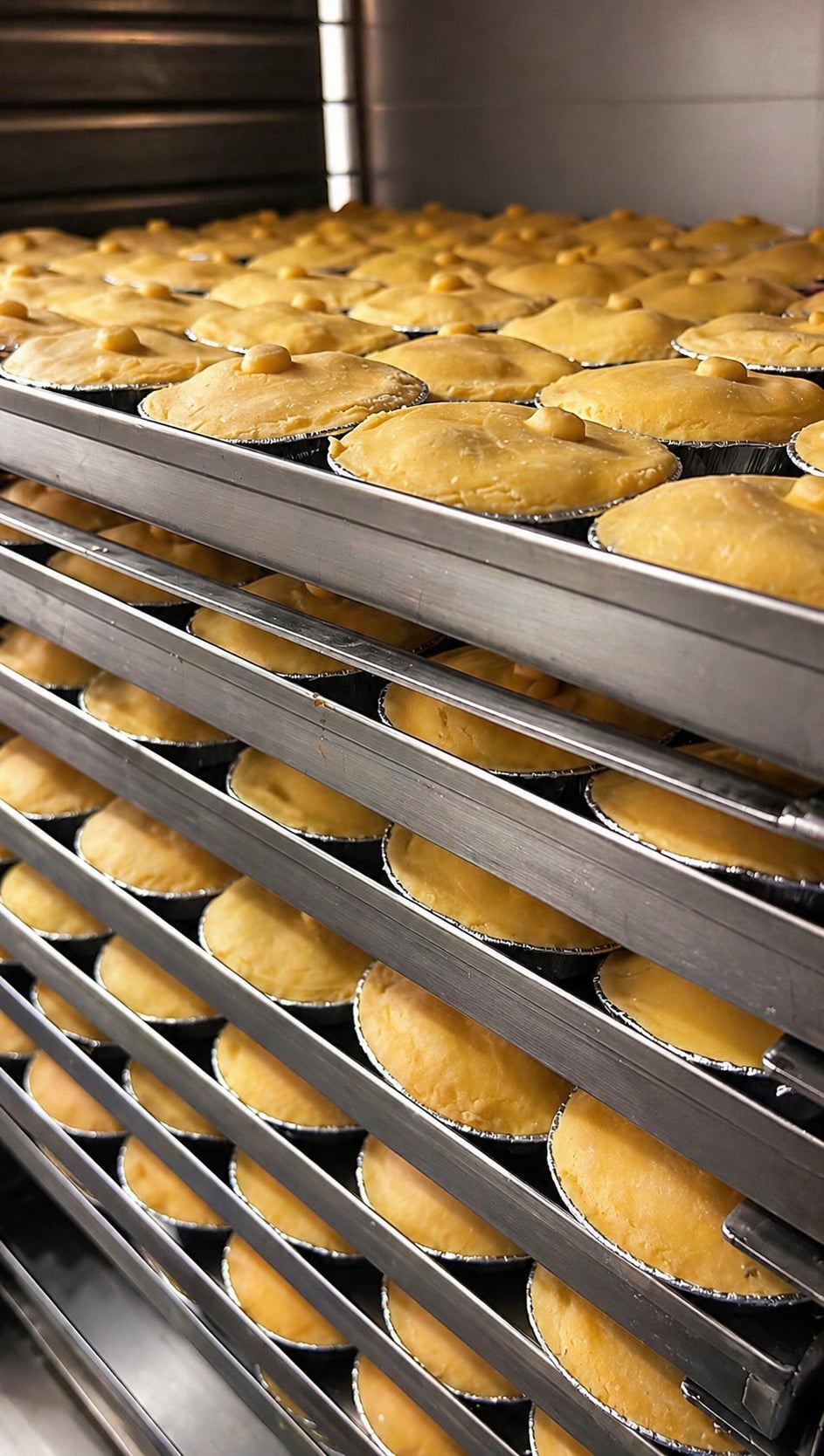 Bandejas de empadas alinhadas e empilhadas em rack metálico na fábrica central da Empada da Casa, prontas para o forno
