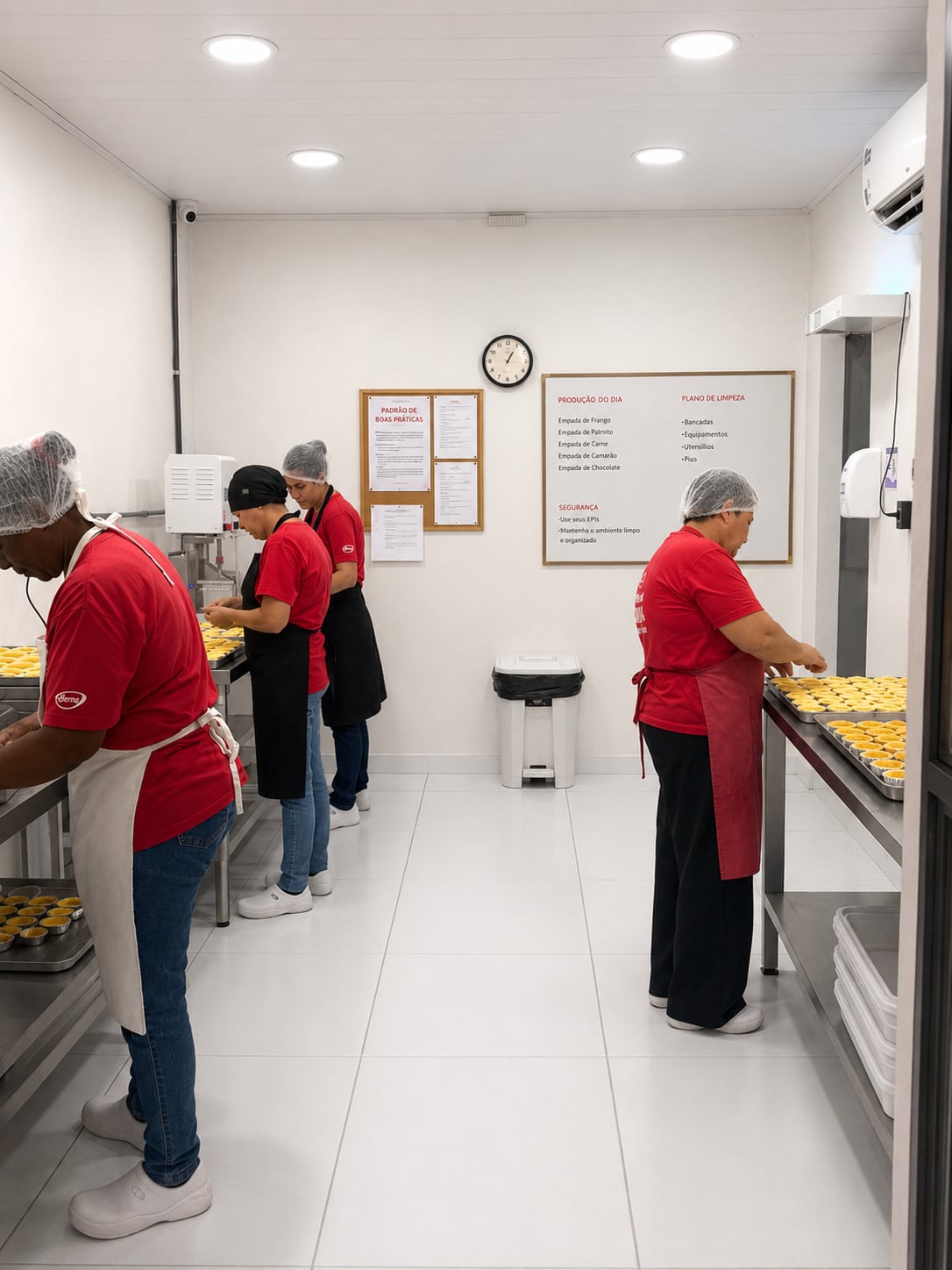 Equipe da fábrica Empada da Casa em operação, com uniforme padronizado e quadro de boas práticas ao fundo