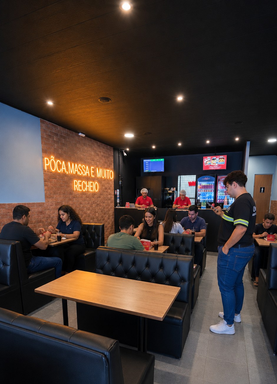 Salão interno de loja Empada da Casa com clientes consumindo, neon 'Pouca massa e muito recheio' e ambientação industrial em preto e madeira